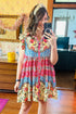 Boho Patchwork Button Front Ruffle Sleeve Vacation Dress